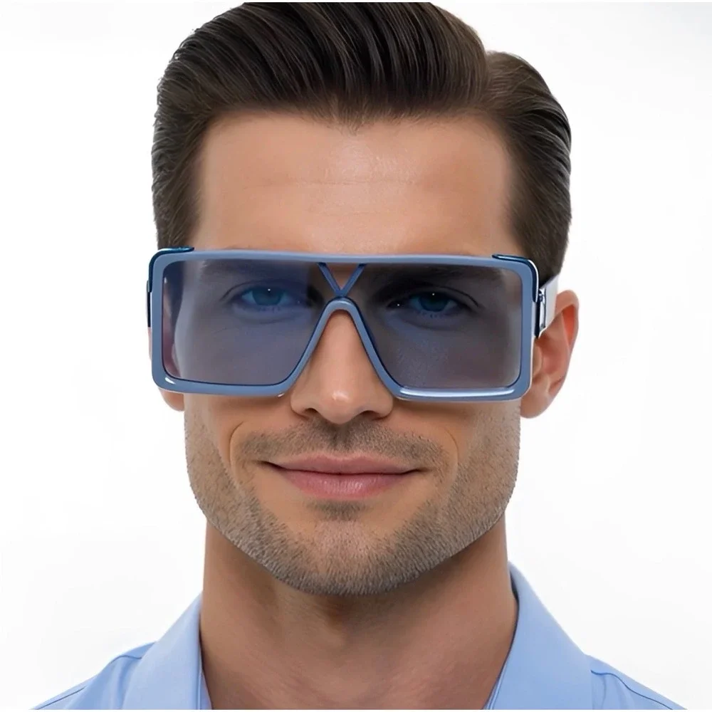 Mens Blue Oversized Square Shield Sunglasses Futuristic Flat‎ Top V-Bridge Shade